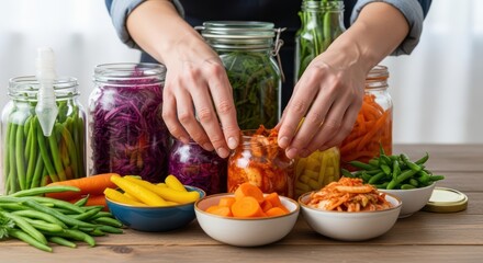 Hands preparing colorful pickled vegetables in jars on wooden table