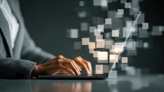 Businesswoman working on laptop for document management, online database, digital file storage system, records keeping