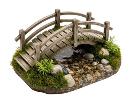 Serene wooden bridge over tranquil stream nature scene isolated on transparent background