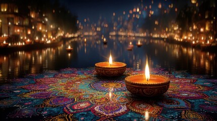 Diwali night celebration featuring diya lights, rangoli patterns, and fireworks display for festive backgrounds and celebrations