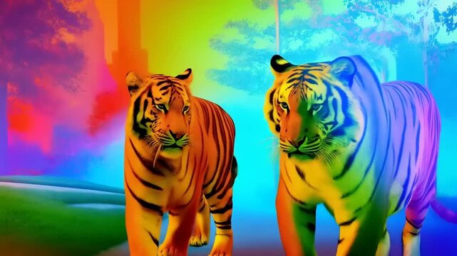 Abstract tiger duo in a surreal digital landscape of vibrant hues and textures