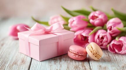 A pink box with a bow on it sits on a wooden table next to two pink macarons. The box and macarons are arranged in a way that creates a sense of celebration and indulgence. The pink color scheme