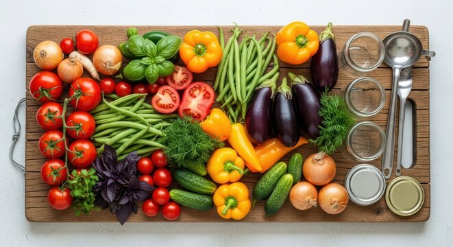 Vibrant assortment of fresh vegetables and herbs on wooden board