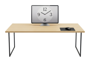 Minimalist workspace modern office desk setup with clock & computer isolated on transparent background