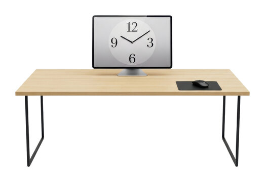 Minimalist workspace modern office desk setup with clock & computer isolated on transparent background