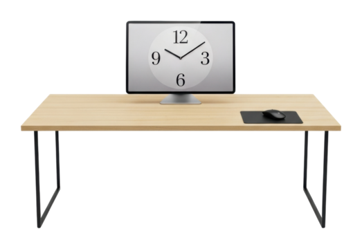 Minimalist workspace modern office desk setup with clock & computer isolated on transparent background