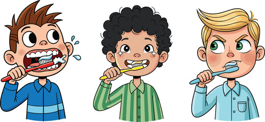 Cartoon kids brushing teeth, dental hygiene illustration, children practicing oral care, healthy habits artwork, fun educational design promoting brushing, smiling characters learning cleanliness