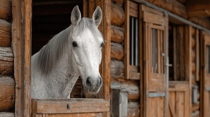 Gray horse peers out from stable in natural light creating a peaceful and serene farm setting with warm rustic tones