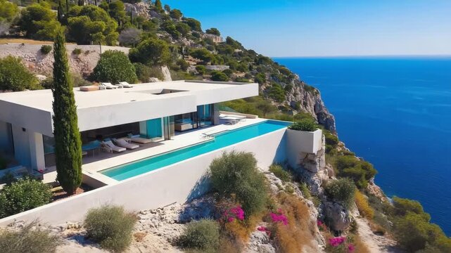 Luxury Cliffside Villa With Infinity Pool &ndash; 4K drone footage of a modern coastal house perched above the Mediterranean, featuring panoramic sea views and elegant contemporary architecture.