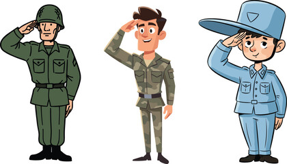 Cartoon soldiers saluting in different military uniforms, army characters standing at attention, diverse illustrated servicemen for education, design, animation projects