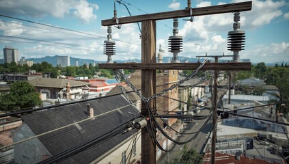 An electrical utility pole with intricate wiring, insulators, and transformers, set above an urban street, ultra-detailed textures of cables and equipment, perfect for industrial 