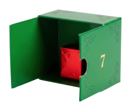Opening a green gift box with red present holiday vibes isolated on transparent background