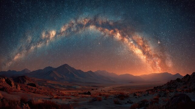 Milky way galaxy shines over the Atacama Desert night sky and the mountain range, astronomical event and celestial beauty