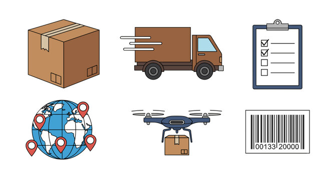 Illustration depicting various aspects of delivery including package truck drone and global shipping routes