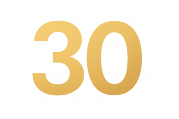 Golden number 30 on transparent background celebrating anniversary, birthday, success, or important event