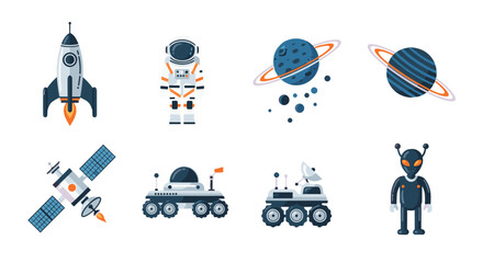 Illustration featuring a rocket, astronaut, planets, satellite, rovers, and an alien in space theme