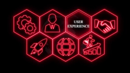 Red Neon Hexagon Icons Representing User Experience With Gears Rocket Globe Person Shaking Hands and Growth Chart - Powered by Adobe