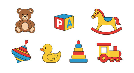 Obraz premium Illustration of a collection of classic children's toys including a teddy bear and rocking horse toy
