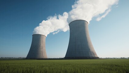 A coal power plant cooling tower with light smoke rising into the blue sky, green grass in the foreground, minimal composition, ultra-detailed textures, and sharp industrial clarity