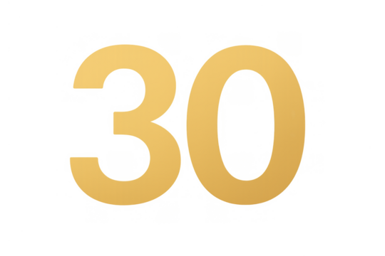 Golden number 30 on transparent background celebrating anniversary, birthday, success, or important event