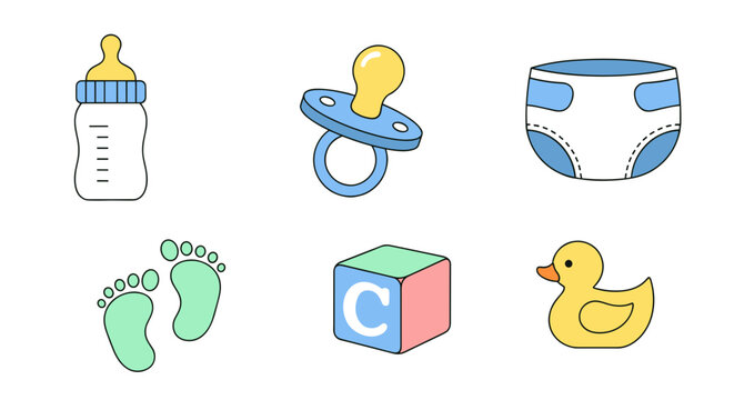 Illustration of baby items including a bottle, pacifier, diaper, footprints, block and duck toy