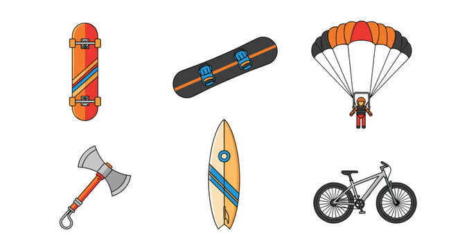 Illustration featuring a skateboard snowboard parachute axe surfboard and bicycle on a white background
