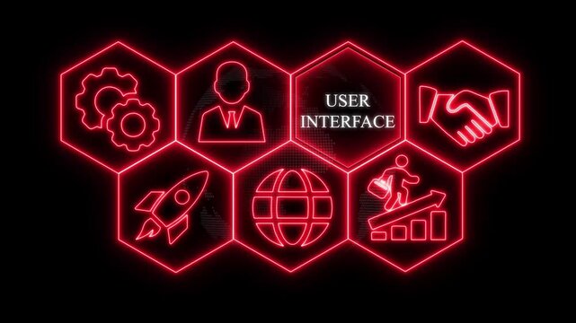 Red Neon Hexagons With User Interface Icons And Text On Black Background technology digital