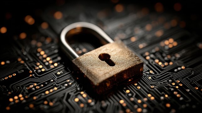 Cybersecurity padlock on circuit board symbolizes data protection, digital technology, secure systems and encrypted networks in cyberspace - Powered by Adobe