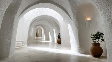 Fototapeta premium Arched corridors covered in white plaster lead through a peaceful area. Soft light illuminates the smooth surfaces creating a serene atmosphere with potted plants.