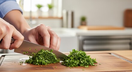 Close-up of hands chopping fresh herbs on wooden cutting board in modern kitchen