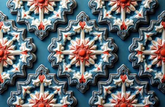 Decorative seamless pattern with geometric and floral ornaments. Repeating pattern with Islamic arabesque design. Oriental ornamental decor art in blue red and white colors. Abstract background.