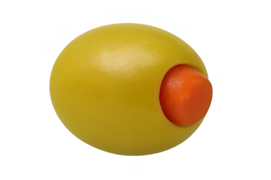 Single green olive stuffed with red pimento cut out