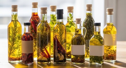Assorted herb-infused olive oil bottles with fresh ingredients on wooden table