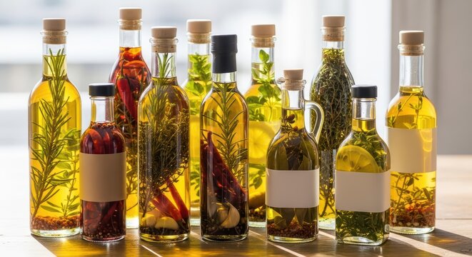 Assorted herb-infused olive oil bottles with fresh ingredients on wooden table
