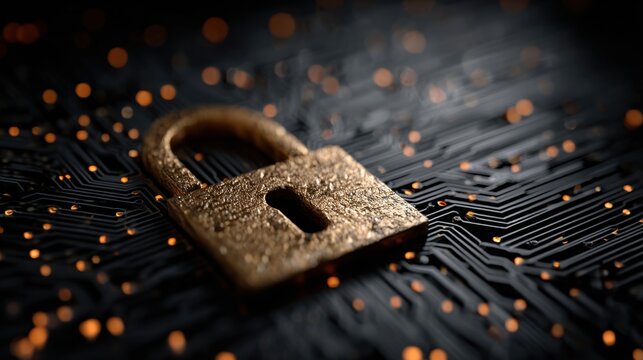 Cybersecurity padlock on circuit board symbolizes data protection, digital technology, secure systems and encrypted networks in cyberspace