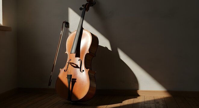 Cello in golden sunlight with dramatic shadows on wall and wood floor