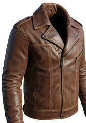 Close up of a vintage distressed brown leather motorcycle jacket with zippers and a classic collar