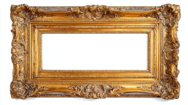 Old ornate gold frame with decorative carvings over a white background ready for artwork or a memorable moment