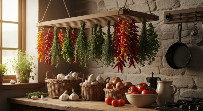 Rustic kitchen with hanging herbs and fresh vegetables on wooden countertop
