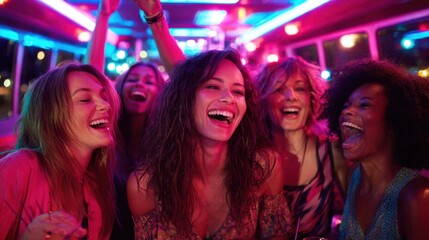 A group of women are smiling and laughing together. Scene is happy and joyful