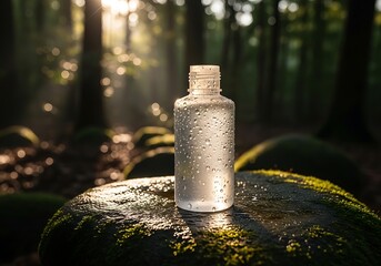 Clear glass bottle of natural essence or serum resting on a mossy rock in a sunlit forest