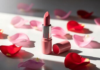 Elegant pink lipstick surrounded by delicate rose petals in soft natural light