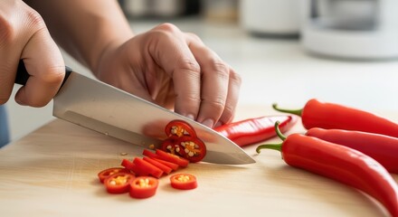 Female slicing red chilies on wooden cutting board in kitchen setting