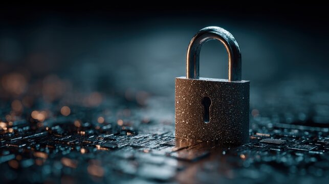 Cybersecurity padlock on circuit board symbolizes data protection, digital technology, secure systems and encrypted networks in cyberspace