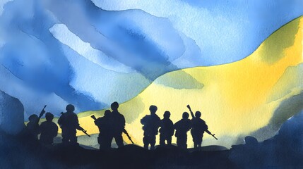 Ukrainian Resolve A Watercolor Illustration of Soldiers and National Pride