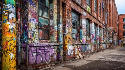 Vibrant graffiti art fills the walls of an old warehouse showcasing a mix of colors and styles. The surrounding area is gritty highlighting urban decay and creativity.
