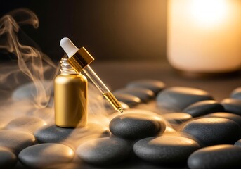 Golden dropper bottle with essential oil surrounded by smooth dark stones and wisps of smoke