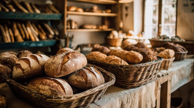 Various loaves of bread are artfully arranged in wicker baskets showcasing a warm and inviting atmosphere in a charming bakery bathed in sunlight.