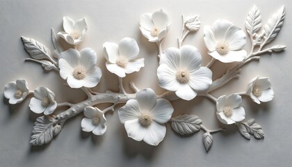 White dogwood branch relief sculpture features delicate blossoms and leaves. Detailed tone-on-tone bas-relief art creates elegant floral texture and pattern.