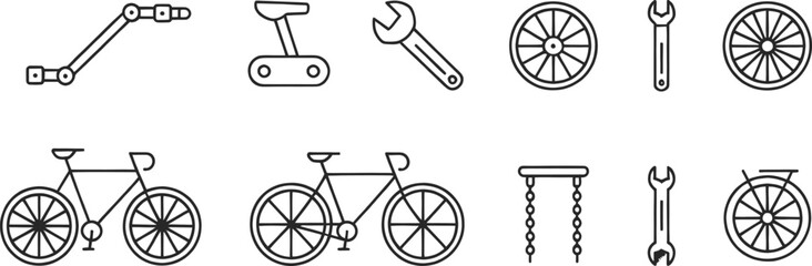 Bicycle Parts and Repair Icon Set – 12 Minimalist Line Icons of Bikes, Wheels, Wrenches, Chains, Pedals, Frames, Cycling Tools, Bike Maintenance, and Mechanical Components
